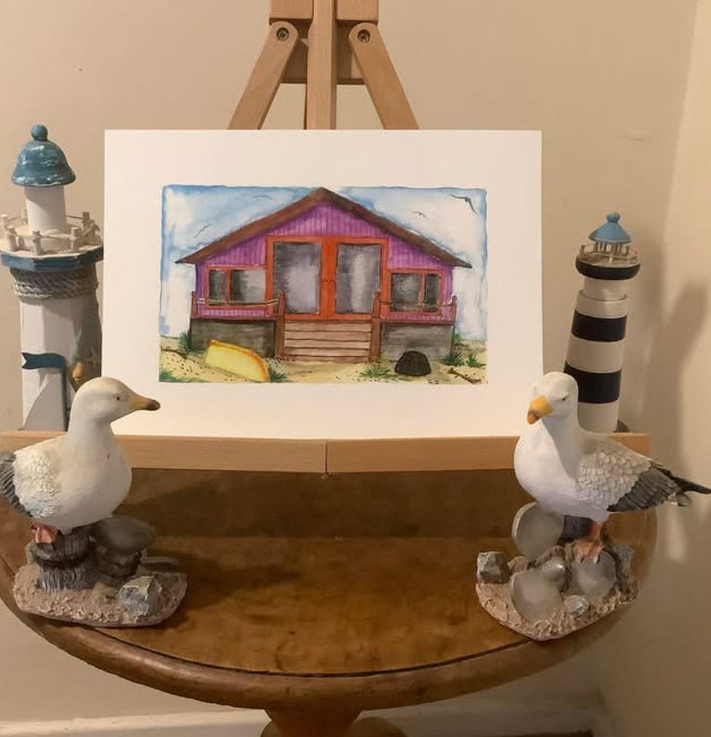 PURPLE BEACH HUT WITH BOAT AND LOBSTER POT