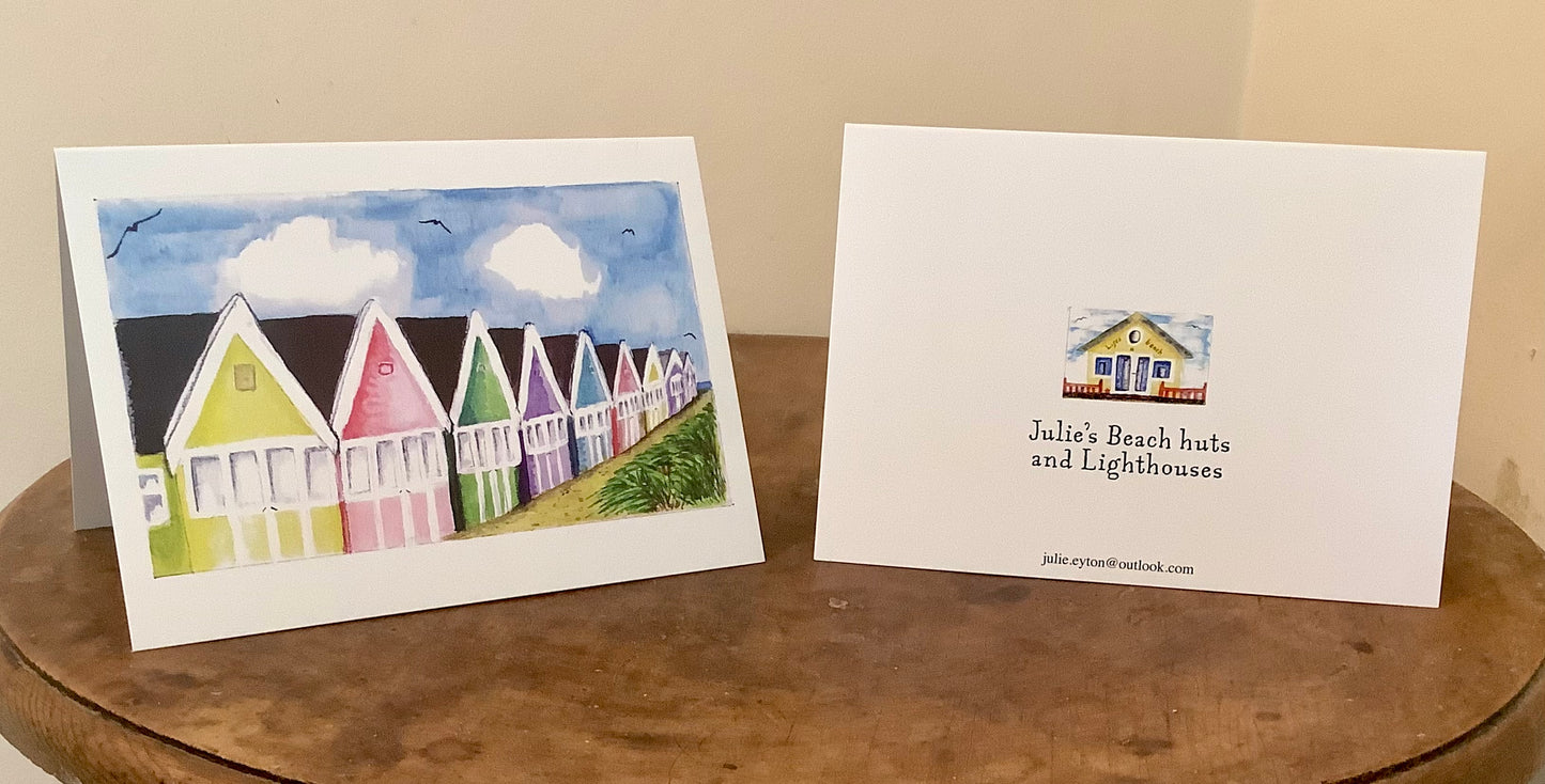 BEACH HUT PROMENADE. Greetings card.