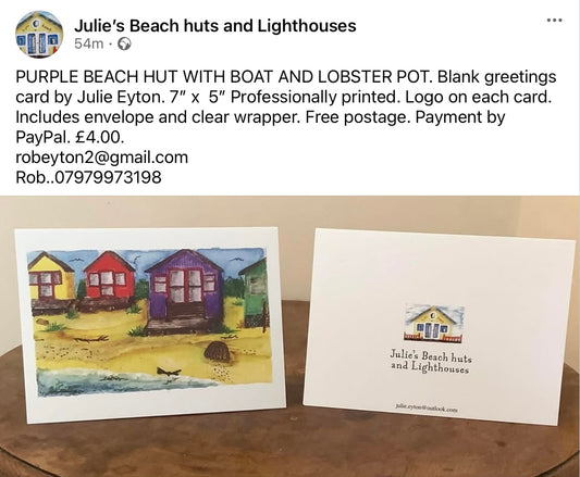 PURPLE BEACH HUT WITH BOAT AND LOBSTER POT. Greetings card