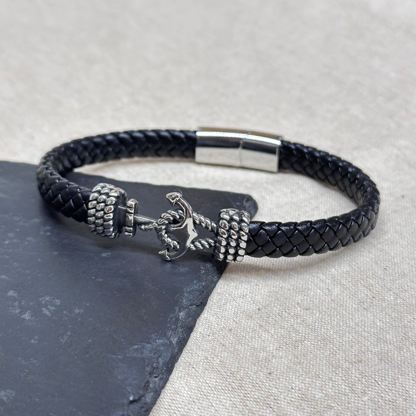 Personalised Men's Woven Leather Anchor Bracelet