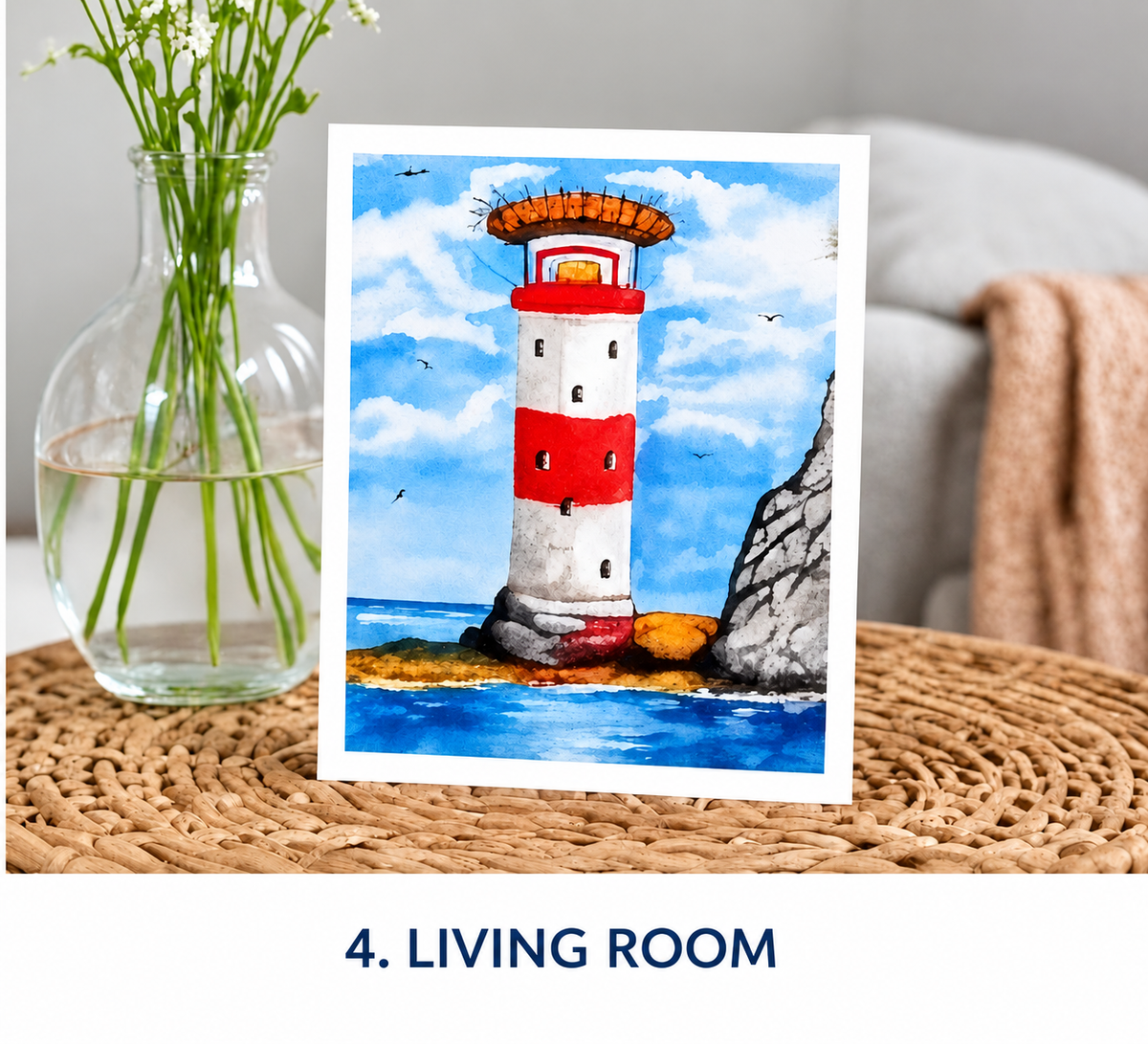 Lighthouse #2 greetings card in a coastal display setting