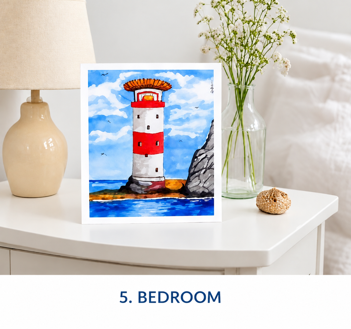 Lighthouse #2 greetings card displayed on a shelf