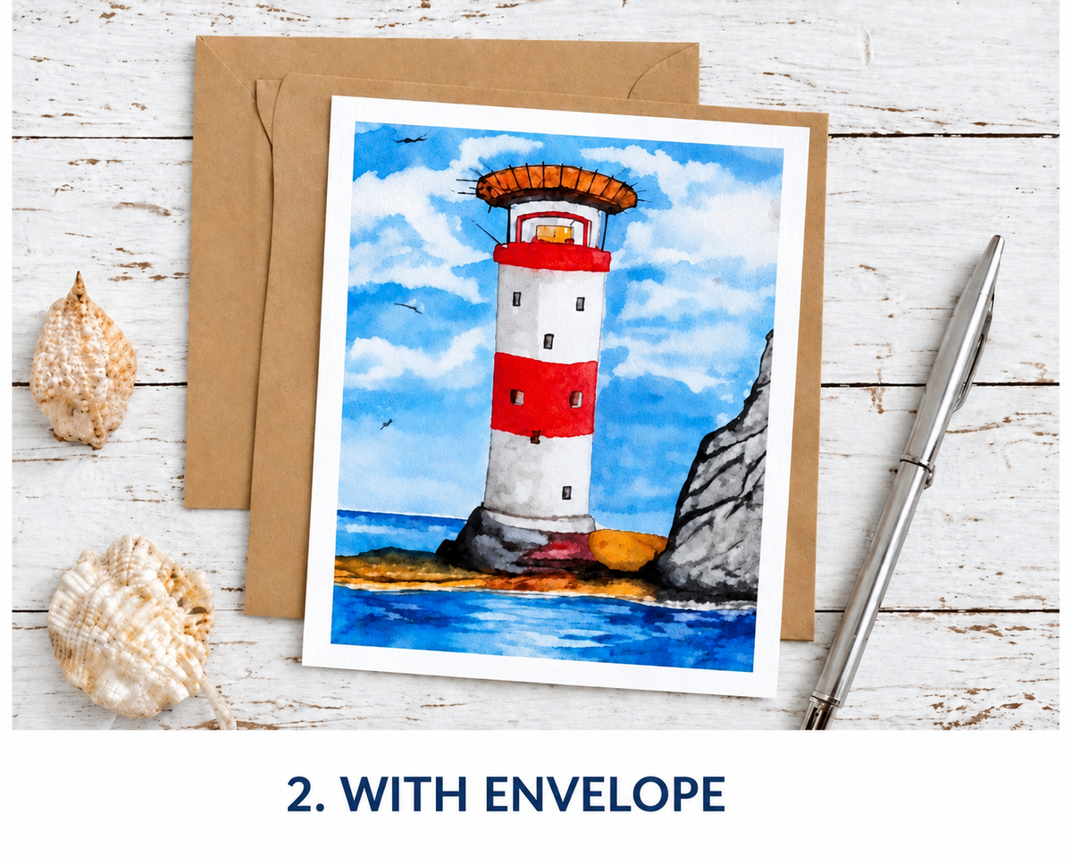 Lighthouse #2 greetings card in a bedroom setting