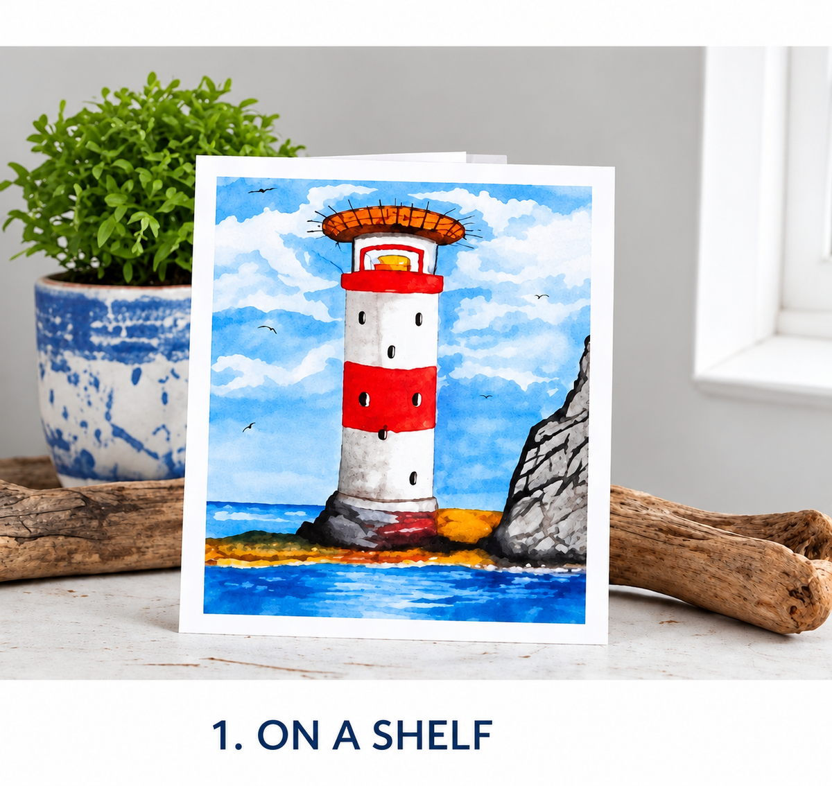 Lighthouse #2 greetings card in a living room setting