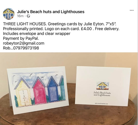 THREE BEACH HUTS. GREETINGS CARD.