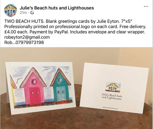 TWO BEACH HUTS.  Greetings card
