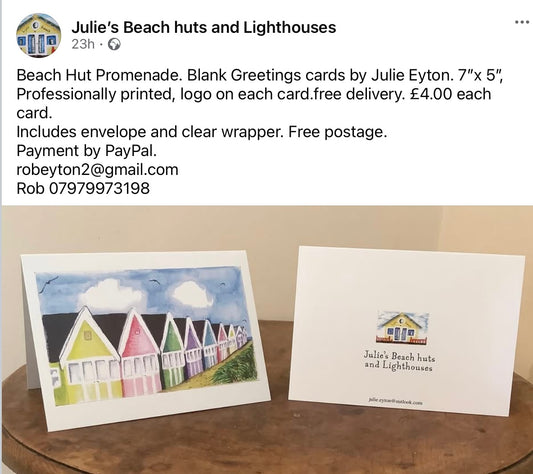 BEACH HUT PROMENADE. Greetings card.