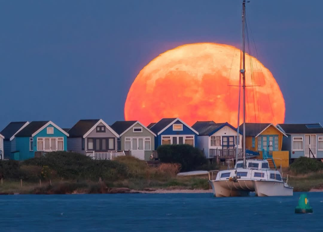 Fine Art Poster — Orange Supermoon Over Seaside Cottages (Coastal Moonrise Print)